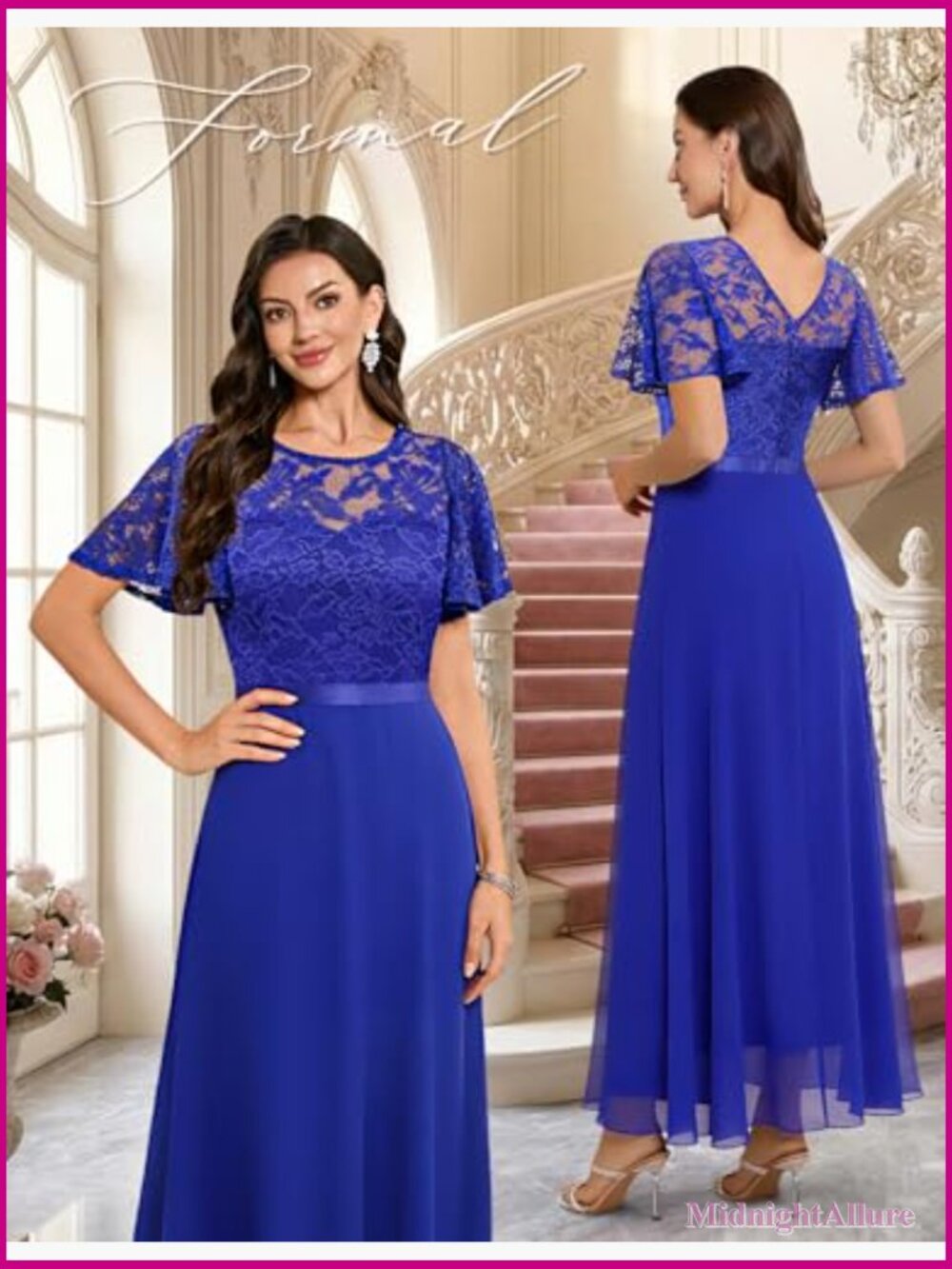 Formal Maxi Dress with Ruffle Sleeves and Lace - Wedding Guest Prom Gown - Picture 2 of 7